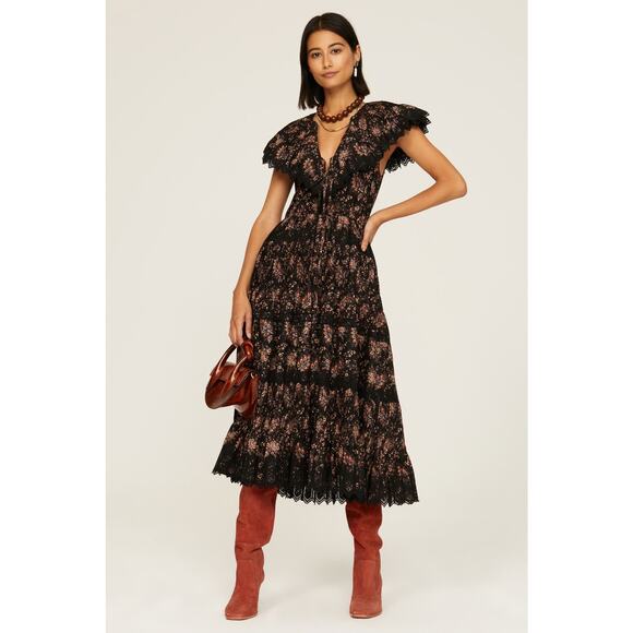 Ulla Johnson Dresses & Skirts - Ulla Johnson Jacqueline Black Floral Pleated V-Neck Cocktail Evening Midi Dress